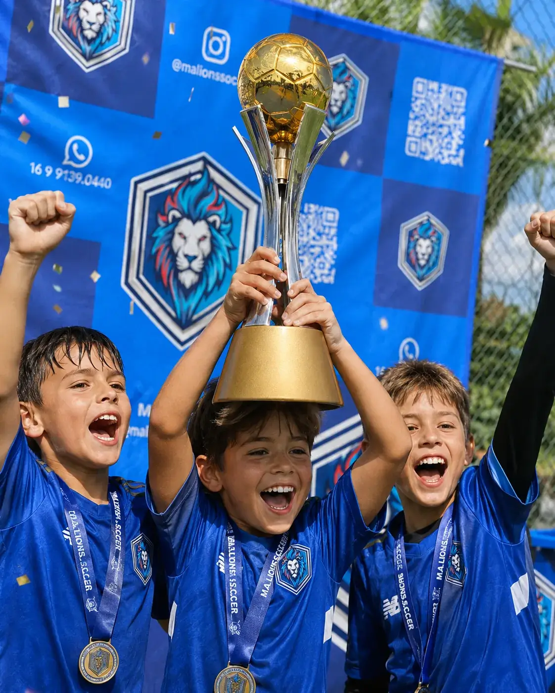 Crianças reunidas levantando um troféu em uma festa de futebol